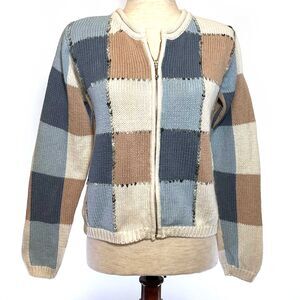 Dressbarn Small Blue Brown Plaid Jacket Sweater Full Zip